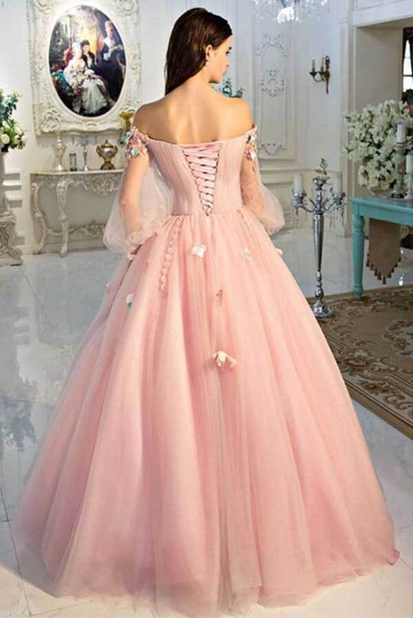 Pink Ball Gown 3D Floral Long Sleeves ...